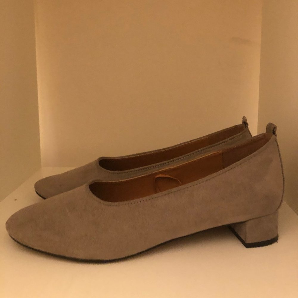 gray suede chunk heels
